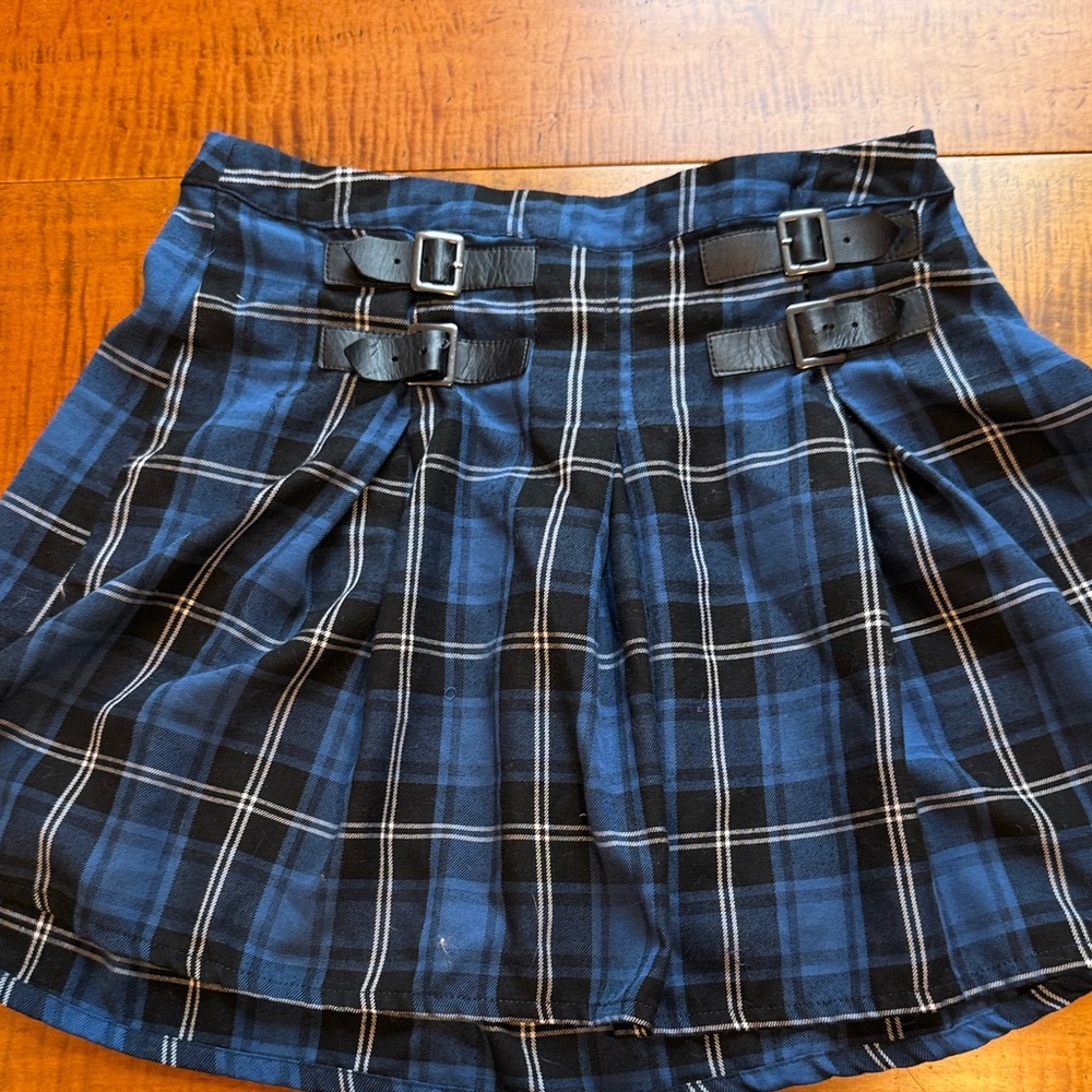 Hot Topic Blue Plaid Midi Skirt with Buckle Accents
